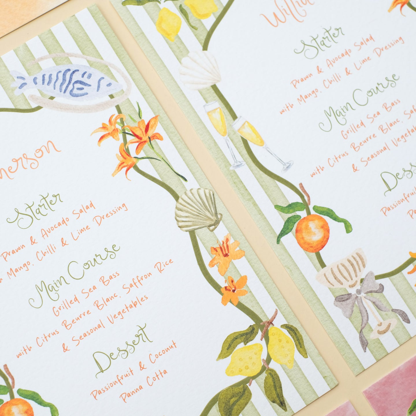 Hand painted wedding menu, decorative border with illustrated ingredients
